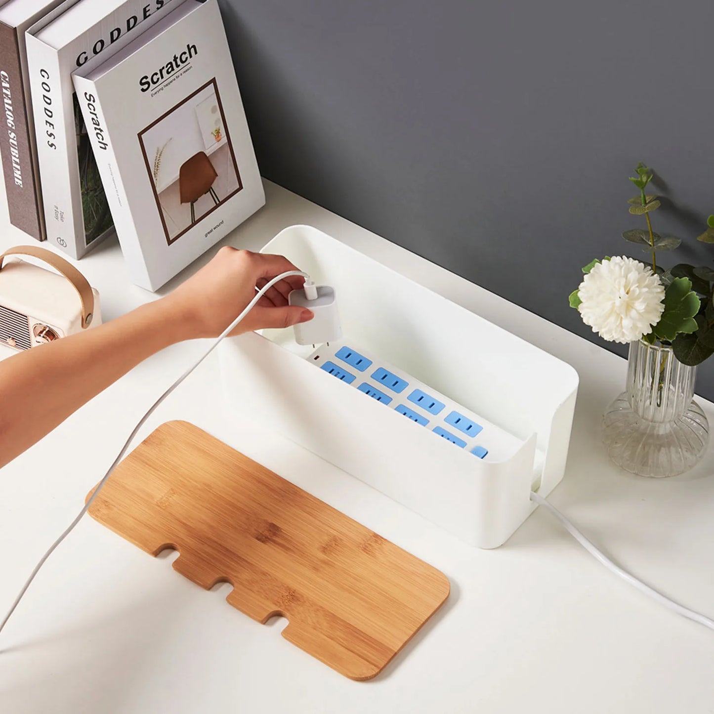 The High-Contrast Cable Management Box (Wood Lid)